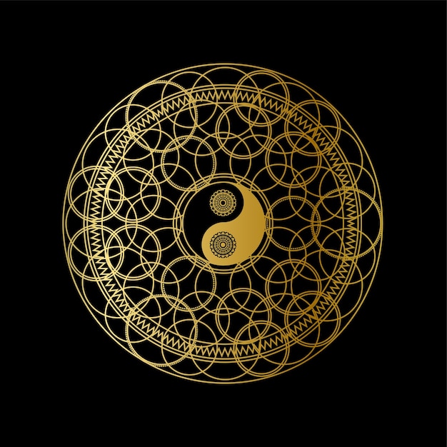 Modello dell'icona di meditazione con il segno dorato di yin yang nel profilo della mandala sull'illustrazione lineare di vettore del fondo nero. disegno di simbolo orientale tradizionale. cultura asiatica e concetto di equilibrio