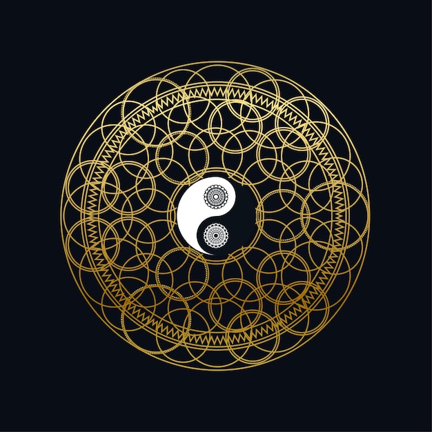 Vettore modello dell'icona di meditazione con il segno dorato di yin yang nel profilo della mandala sull'illustrazione lineare di vettore del fondo nero. disegno di simbolo orientale tradizionale. cultura asiatica e concetto di equilibrio