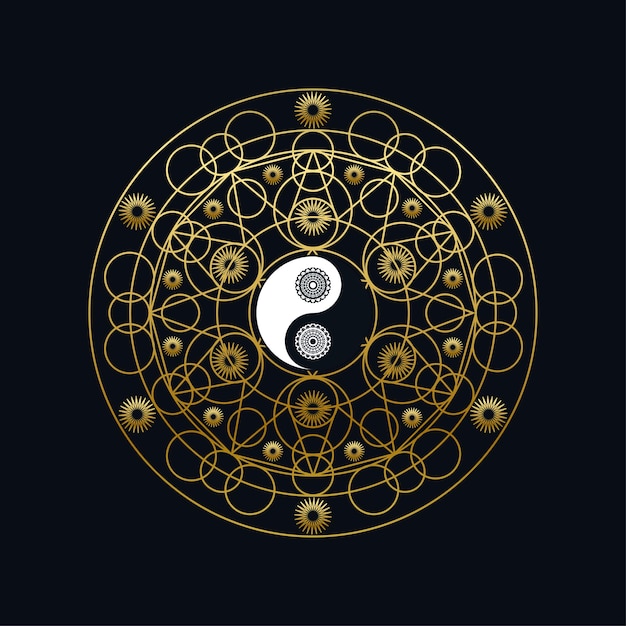 Modello dell'icona di meditazione con il segno dorato di yin yang nel profilo della mandala sull'illustrazione lineare di vettore del fondo nero. disegno di simbolo orientale tradizionale. cultura asiatica e concetto di equilibrio