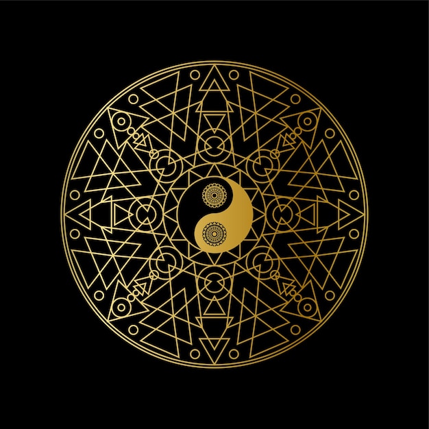 Modello dell'icona di meditazione con il segno dorato di yin yang nel profilo della mandala sull'illustrazione lineare di vettore del fondo nero.