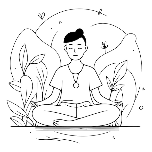 Meditation in lotus position in sketch style