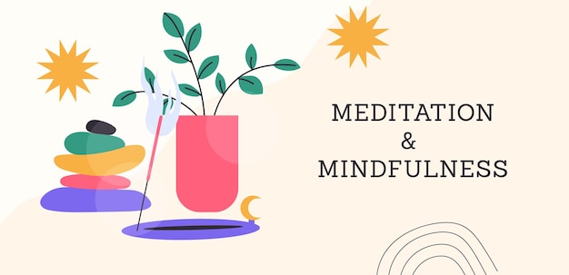 Meditation and mindfulness banner with a candle and a insence Vector hand drawn cartoon illustration