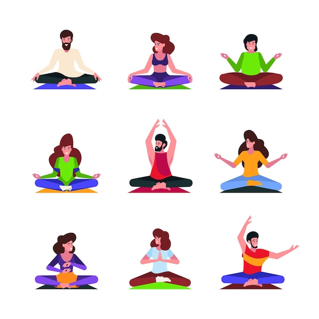 Meditation persons Mindfulness characters breathing relaxing people sitting in yoga poses garish vector pictures collection