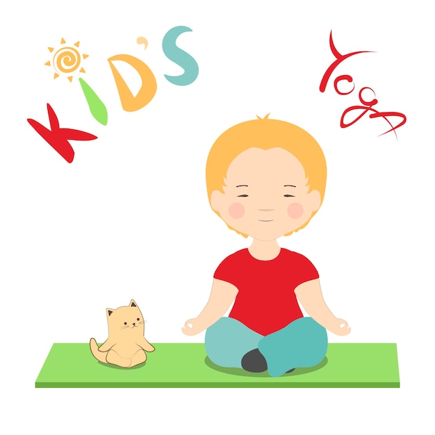 Meditation practice vector illustration young boy and a cat in cartoon style