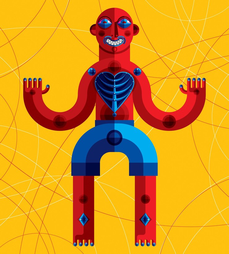 Vector meditation theme vector illustration, drawing of a creepy creature made in modernistic style. spiritual idol created in cubism style.