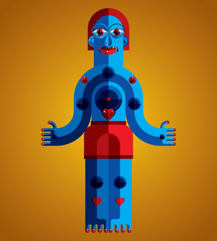 Vector meditation theme vector illustration, drawing of a creepy creature made in modernistic style. spiritual idol created in cubism style.