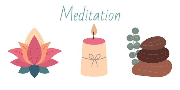 Meditation time set Hand drawn elements collection lotus candle massage stones Vector flat illu