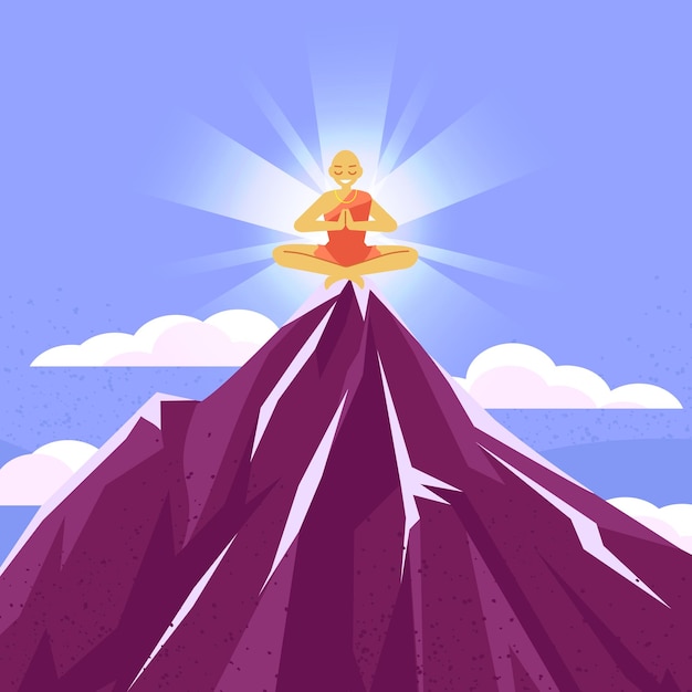 Vettore meditazione in cima alla montagna