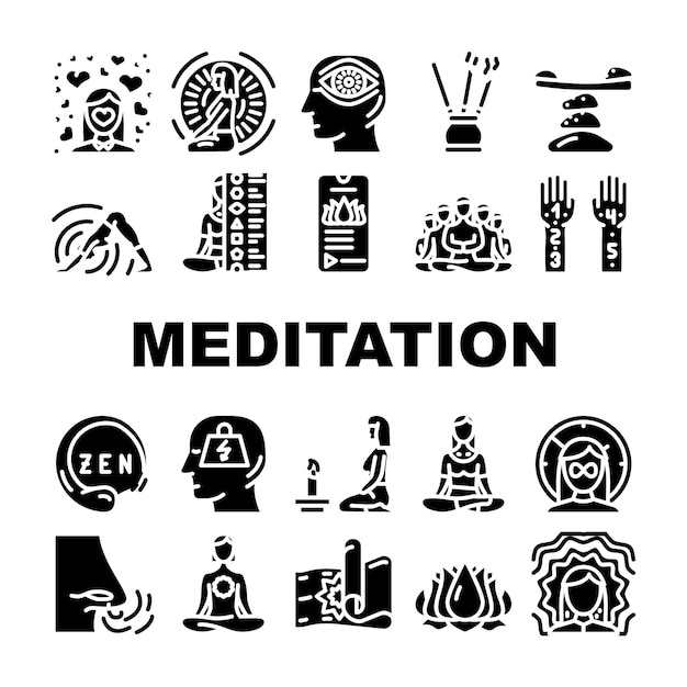 Vector meditation wellness occupation icons set vector group and mantra spiritual meditation aroma therapy and progressive relaxation harmony zen and healthcare breath glyph pictograms black illustrations