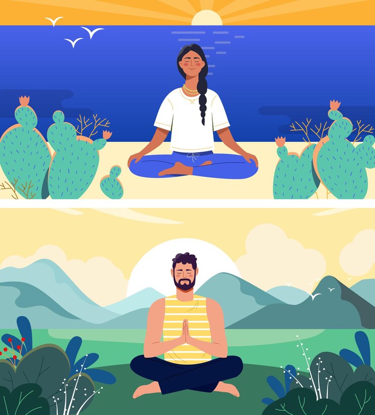 Vector meditation and yoga concept man and woman sit in lotus position and improve their emotional and