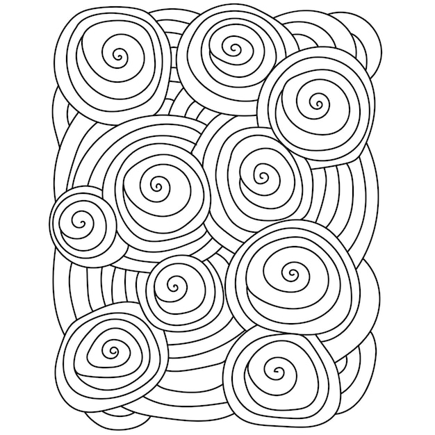 Meditative coloring page with spirals and circles outline patterns with many round elements