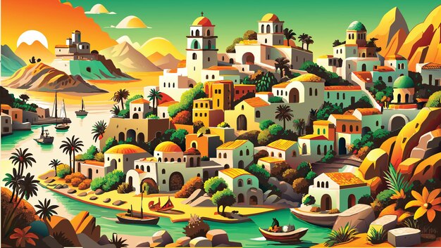 mediterrane kustlijn dorp illustratie vector