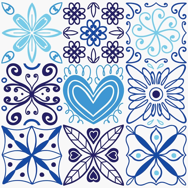 Mediterrane ornament Handgetekende kromme en bloemen blauw mozaïekpatroon Arabische keramische tegels Blauwe kleuren print voor textiel inpakpapier oosters decor tegelwerk vector geïsoleerde illustratie