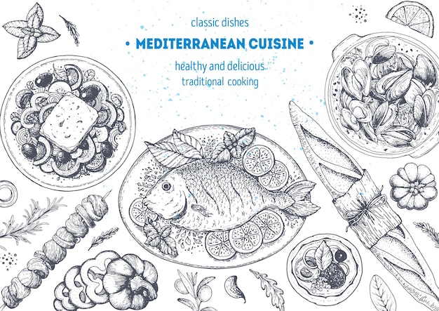 Рамка вида сверху средиземноморской кухни Набор средиземноморских блюд Шаблон дизайна меню еды Винтажный нарисованный вручную эскиз Векторная иллюстрация Коллекция продуктов питания