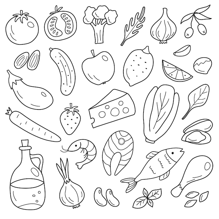 Vector mediterranean diet set in doodle style