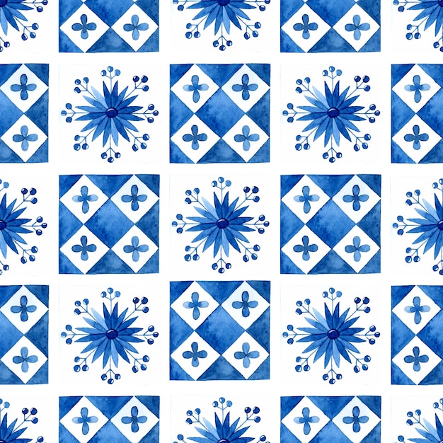 Mediterranean tiles seamless pattern watercolor background