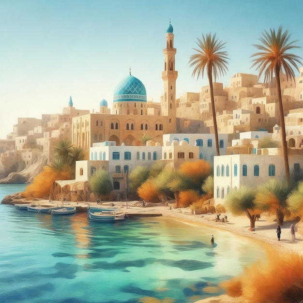 Mediterranean village Coastline in watercolor