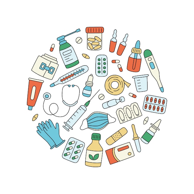 Лекарства, лекарства, таблетки, флаконы и медицинские элементы. иллюстрация в форме круга