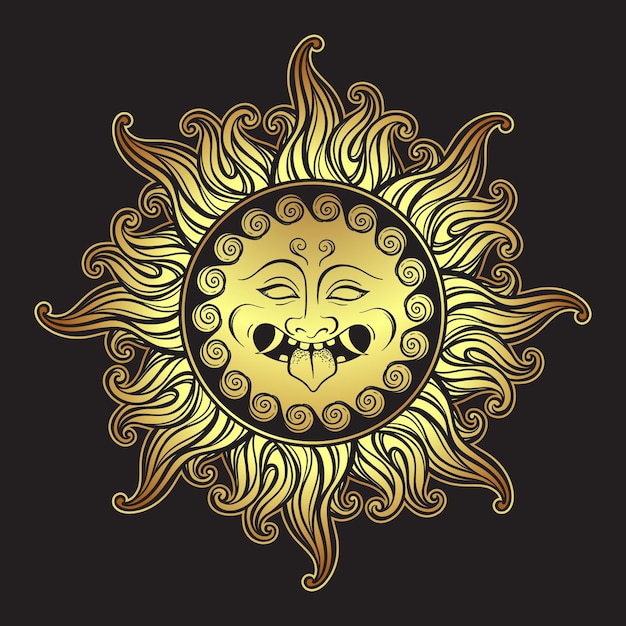 Medusa Gorgon golden head in flame hand drawn line art and dot work print design isolated vector illustration Gorgoneion is a protective amulet