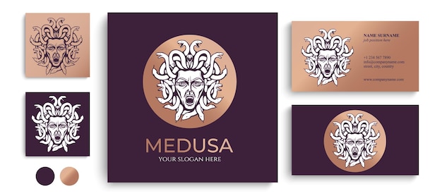 Medusa gorgon logo Head of a woman with snakes Protective amulet Logo for different directions Vector image