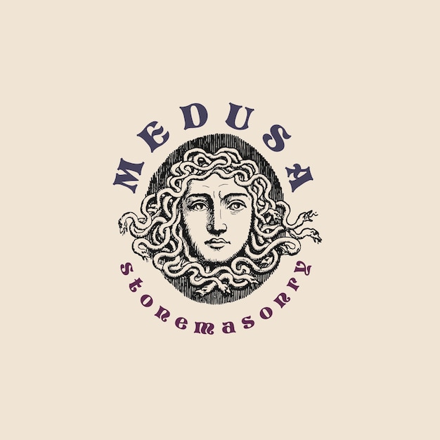 Medusa stone masonry logo old retro vintage illustration poster template design vector elements