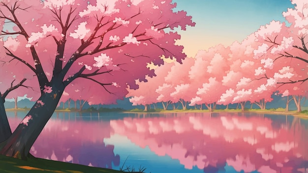 Meer omringd door sakura bomen kersenbloesems bij zonsondergang of dageraad met de hand getekende schilderij illustratie