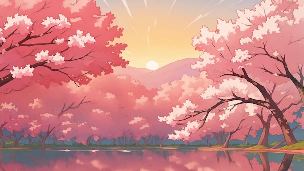 Meer omringd door sakura bomen kersenbloesems bij zonsondergang of dageraad met de hand getekende schilderij illustratie