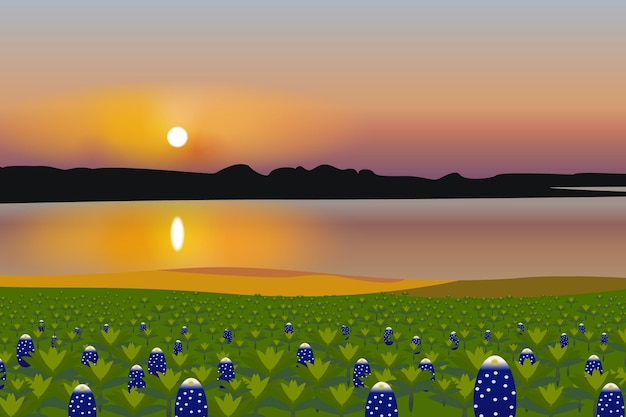 Vector meer zonsondergang realistische vector landschap ontwerp illustratie natuur achtergrond premium vector