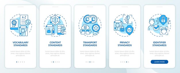 Meerdere pictogrammen die de middelen voor interoperabiliteit in de gezondheidszorg weergeven, scherm van de mobiele app Walkthrough 5 stappen grafische instructies met dunne lijnpictogrammen concept UI UX GUI sjabloon