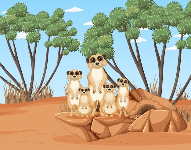 La famiglia meerkat vive nella foresta del deserto