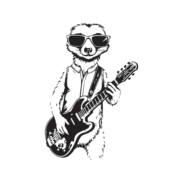 Meerkat rockstar vintage logo concept black and white color hand drawn illustration