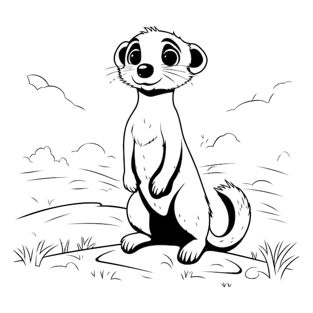 Meerkat sit on the ground black and white vector illustration