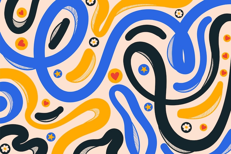 Vector meerkleurige abstracte achtergrond met golvende lijnen en rode harten decoratieve groovy vloeibare lijnen