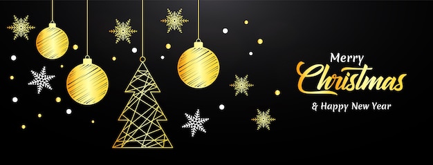 Meery christmas banner with golden ball and snowflakes