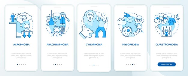 Meest voorkomende fobieën blauw onboarding-scherm voor mobiele apps