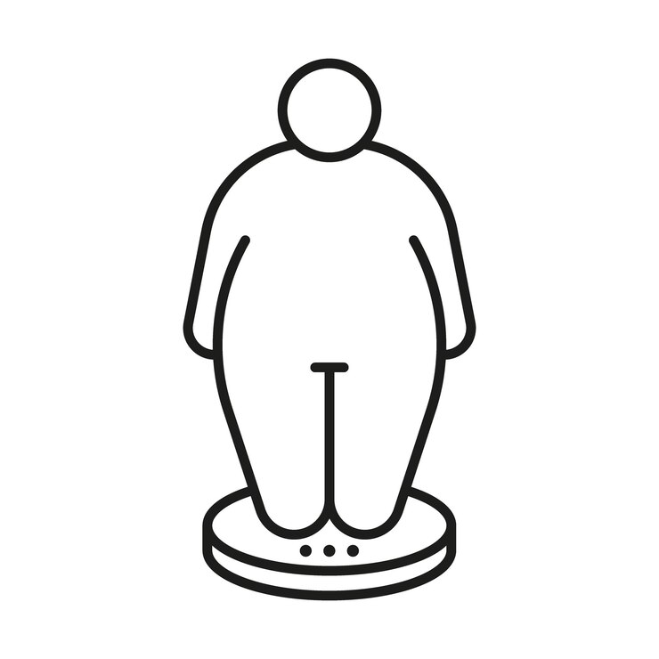 Vector meet het lichaam van de persoon op de weegschaal controle weeg zwaarlijvige lijn pictogram dikke figuur en grote grootte man