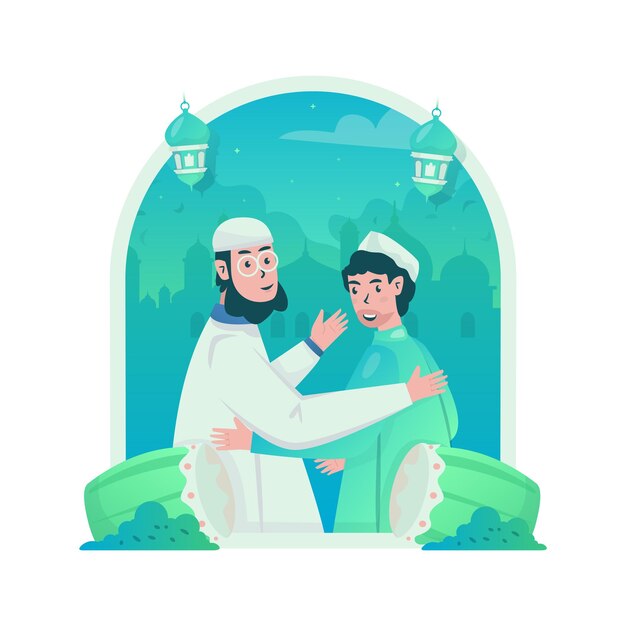 Meet other muslim during Eid mubarak flat design