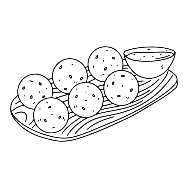 Meetballs met pikante saus op houten bord in hand getrokken doodle stijl