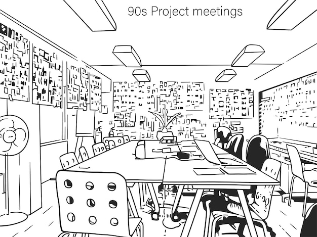 Vector meeting atmosphere in the nineties in line art style