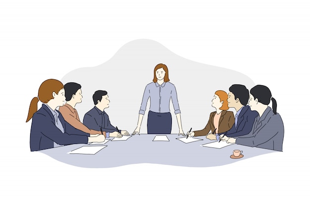 Vector meeting business people, illustration of teamwork, brainstorming office workers, discuss company strategy