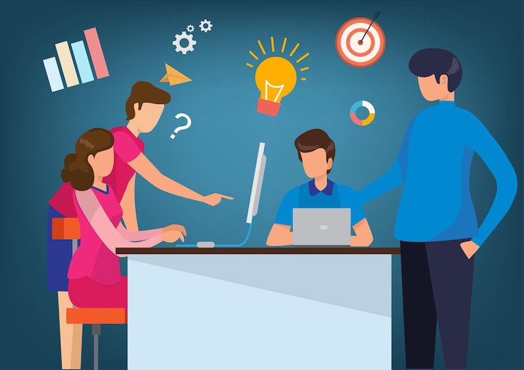 वेक्टर meeting to discuss business issues isolated vector man with light bulb woman with question mark laptop on the table