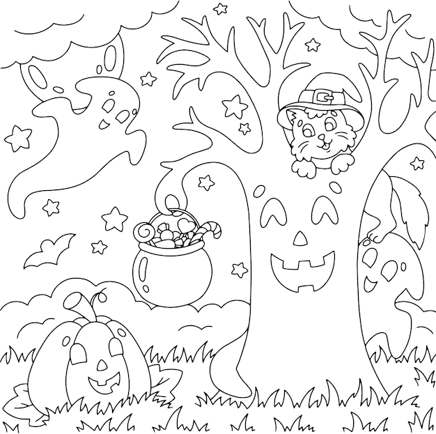 Incontro di amici gatto zucca fantasma albero magico pagina del libro da colorare per bambini tema di halloween