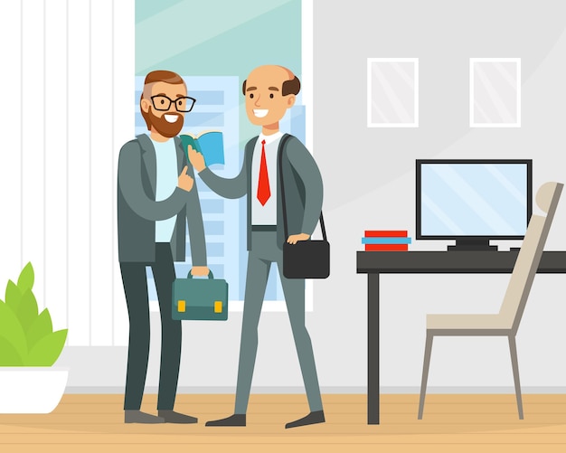 meeting of friends or colleagues two smiling male office employee male friendship concept cartoon vector illustration