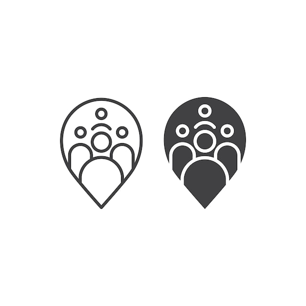 Meeting point location pin people group vector outline icon template illustration