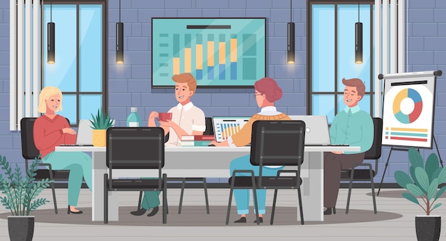 Vector meeting room cartoon with people discussing business projects and projection screen on background vector illustration