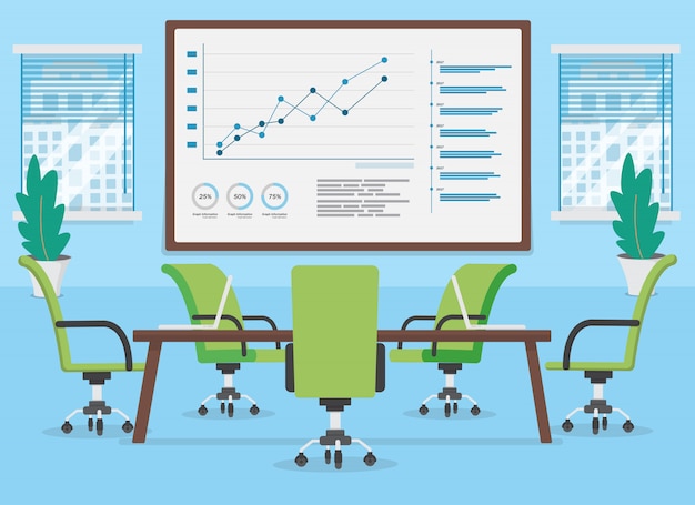 Vector meeting room empty chair and computer on the table and information graph on the wall