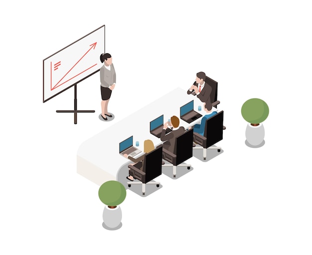 Meeting room isometric interior with modern table white board plants and business people 3d