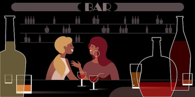 Meeting two girlfriends in a cocktail bar over a glass of vine Vector illustration