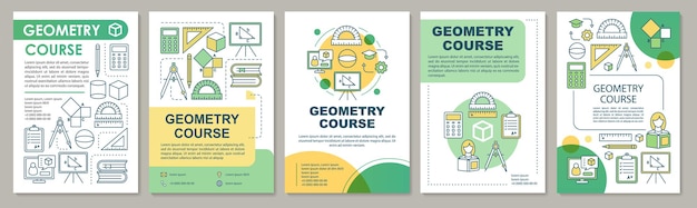 Meetkunde cursus, studie brochure sjabloon lay-out. Flyer, boekje, folder printontwerp met lineaire illustraties. Vectorpaginalay-outs voor tijdschriften, jaarverslagen, reclameposters