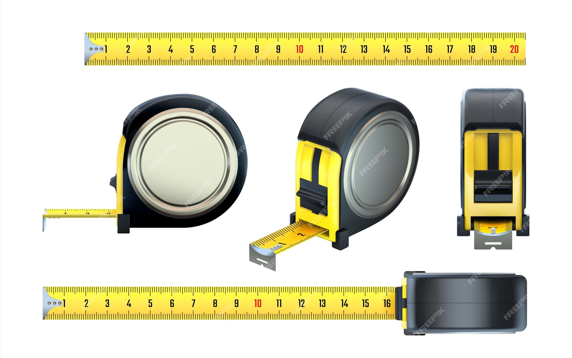 links Dakraam Shinkan Meetlint realistische bouwliniaal 3d-handbouwer meetinstrumenten ingesteld  uitzicht vanaf verschillende kanten op centimeterschaalbanden en zwarte  rollen vector metrisch tellergereedschap | Premium Vector